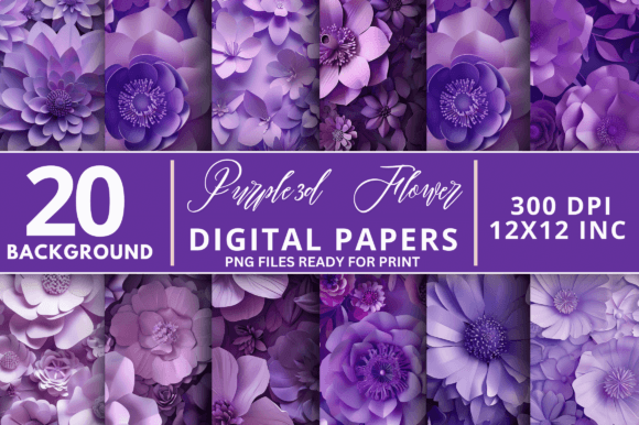 Purple 3d Flowers Digital Paper Bundle